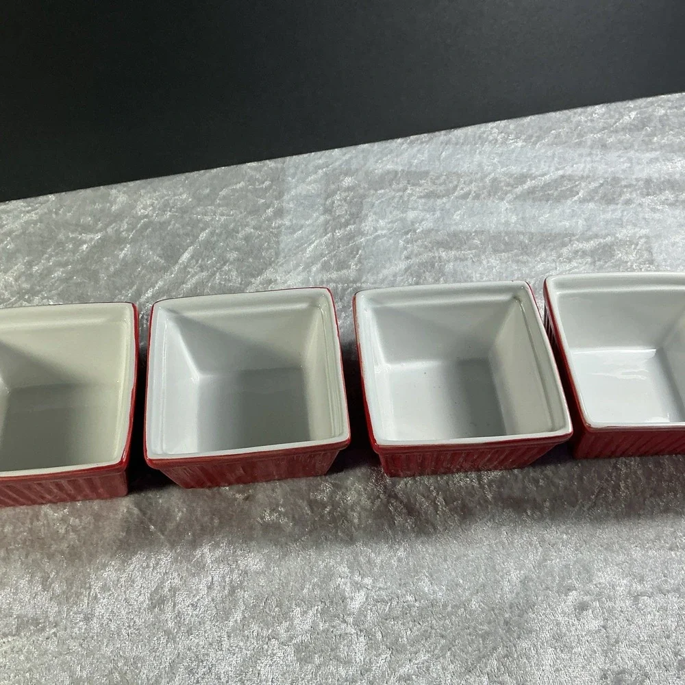 4 piece Crate And Barrel BIA Cordon Bleu Stoneware Ramekin Square Red 3.75